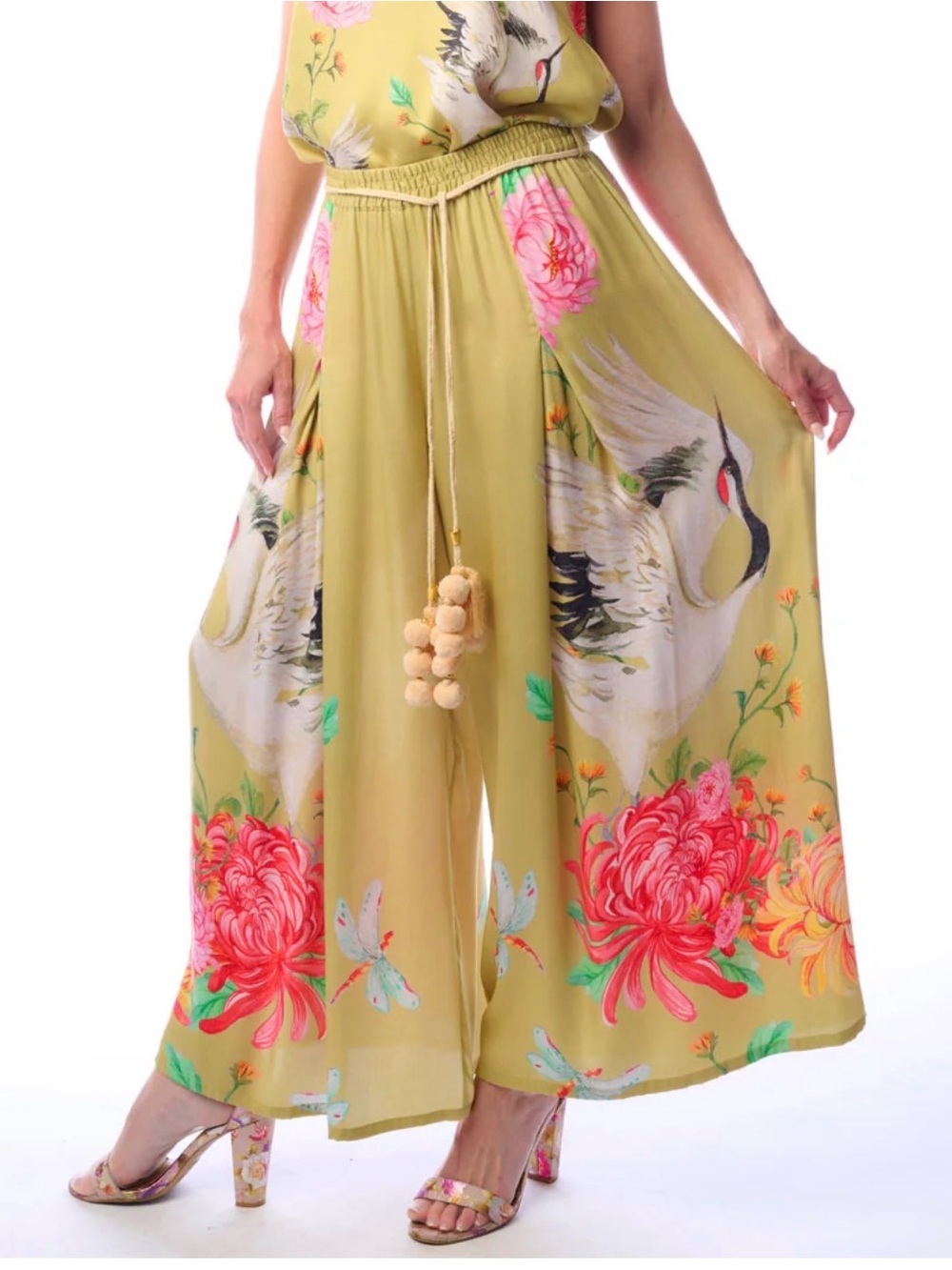 Legend Of The Crane Wide-Leg Floral & Crane Print Palazzo Pants by Aratta, NWT
